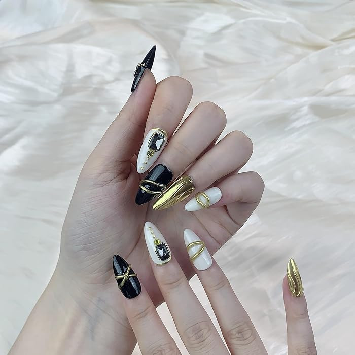 Pure Handmade Luxury Black Gold Nail Art (Gold, Short) | Amazon (US)