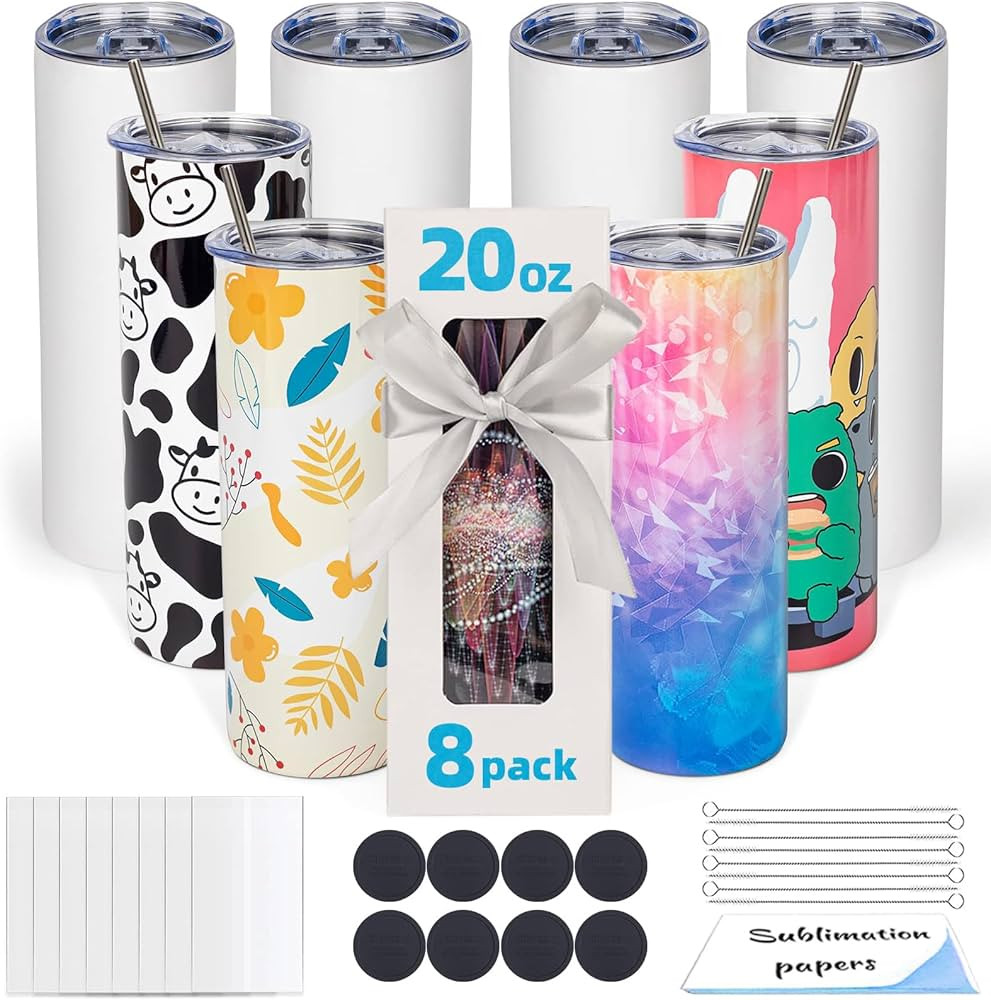 8 Pack 20oz Sublimation Tumbler Blanks Skinny Straight in Bulk, Stainless Steel Insulated Sublima... | Amazon (US)