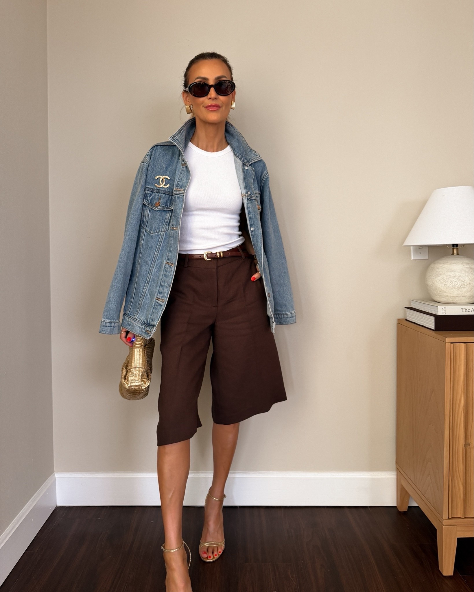 Chicest long bermudas size 2 and tank xs 
Denim jacket small linking a similar gold sandal

#LTKootd #LTKgrwm #LTKSeasonal