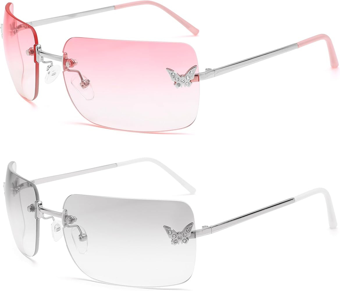 LIU·WEN Rectangle Y2k Sunglasses for Women - Trendy Rimless 2000S Fashion Shades Butterfly | Amazon (US)