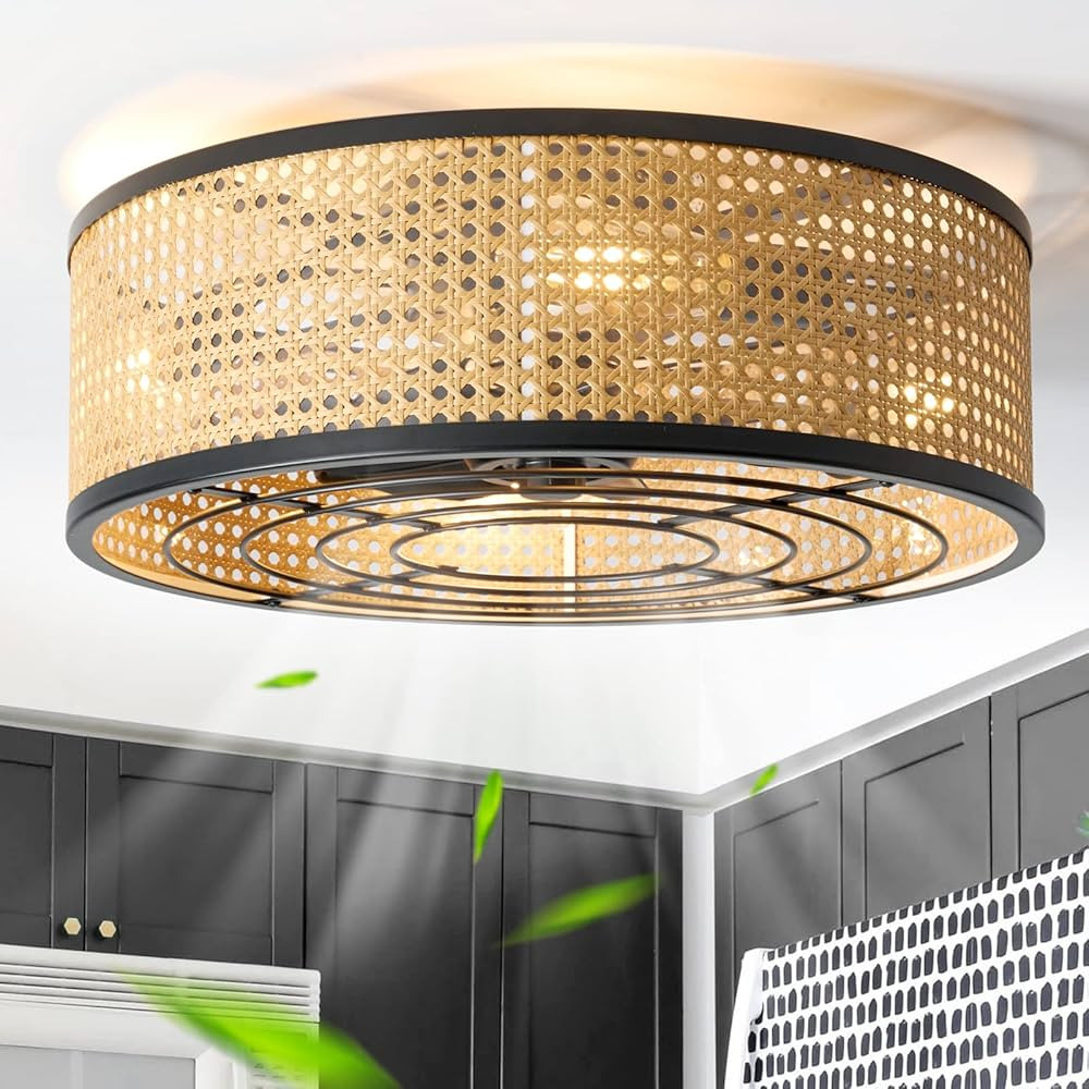 Rattan Boho Ceiling Fan with Light Flush Mount, 20 Inch Caged Ceiling Fans with Light and Remote ... | Amazon (US)