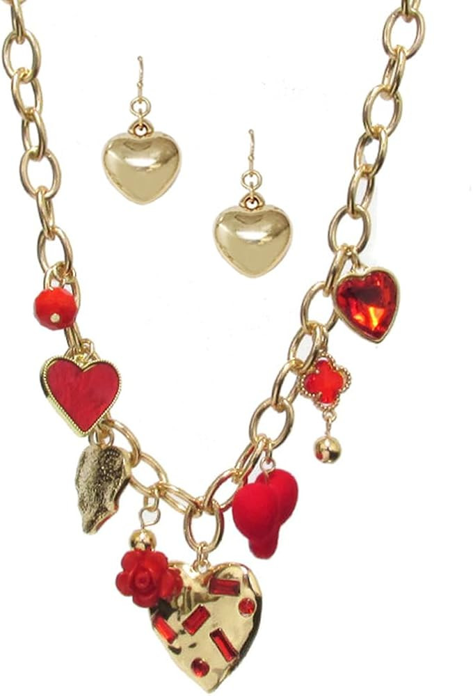 Fashion Jewelry ~ Valentine Theme Multi Puffy Heart Charm Dangle Pendant Necklace and Earrings Se... | Amazon (US)