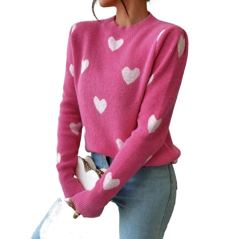 Casual Heart Stand Collar Pullovers Long Sleeve Hot Pink Women Sweaters (Women's) | Walmart (US)