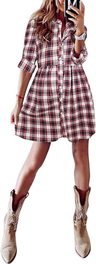 FANCYINN Women's Gingham Stand Collar Shirt Dress Button Up Casual Round Up Long Sleeve Mini Plai... | Amazon (US)