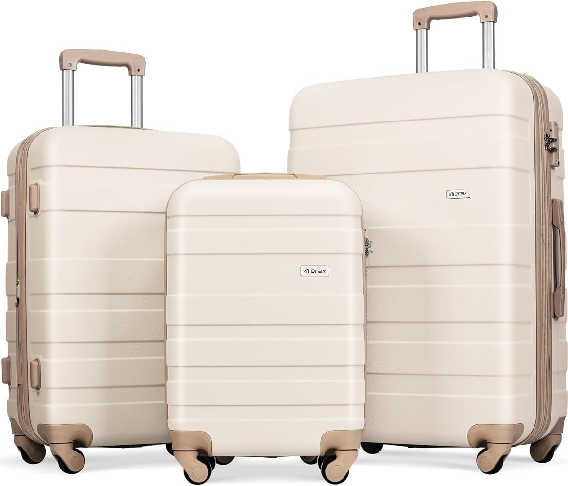 Merax 3 Piece, Expandable Luggage Set, Suitcases with Wheels, Hardside, Ivory and Golden, 20/24/2... | Amazon (US)