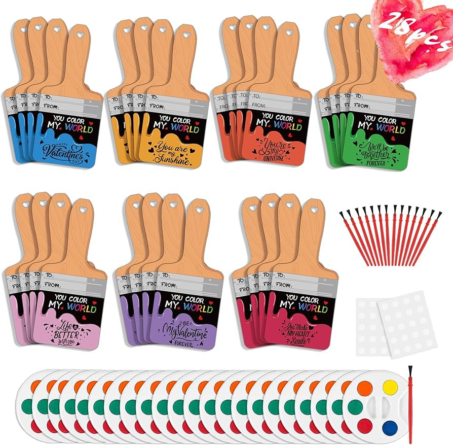 Valentines Day Gift for Kids - 28 Pcs Valentines Cards with Watercolor Paint Gift Exchange for Cl... | Amazon (US)