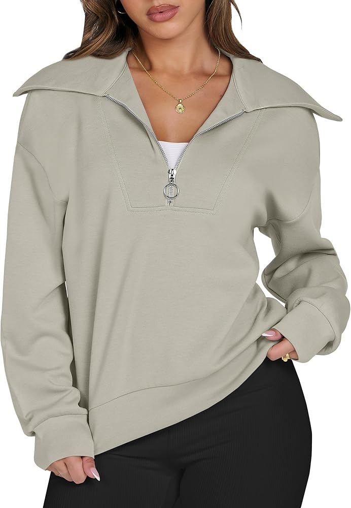 ANRABESS Women Quarter Zip Pullover Lapel High Neck Casual Long Sleeve Soft Fashion Sweatshirts 2... | Amazon (US)