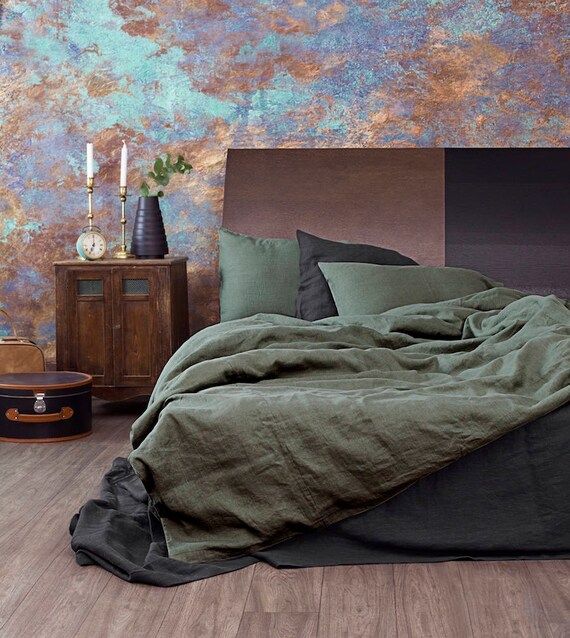 Moss Green Linen Duvet Cover/ Natural Linen/ Softened Linen/ Green Linen/ Queen Bedding | Etsy (US)