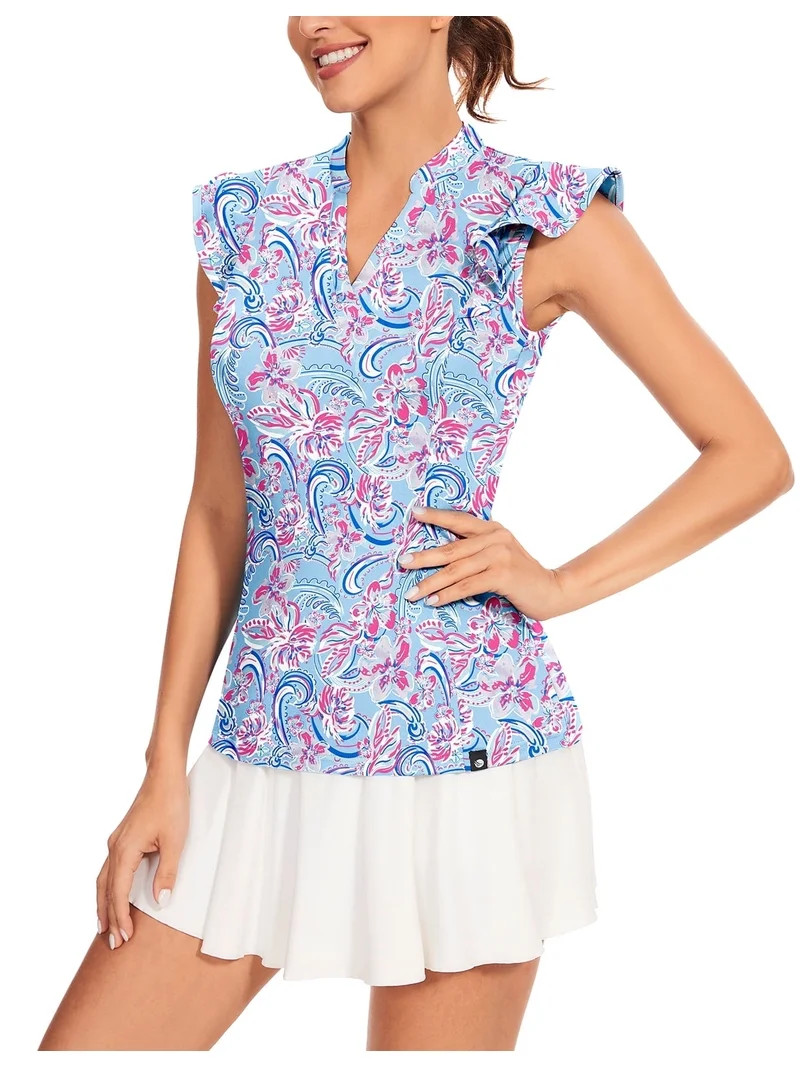 Women’s Sleeveless Polo Shirt – Quick Dry Ruffle Sleeve V-Neck Golf Shirt with UPF 50+ | Walmart (US)