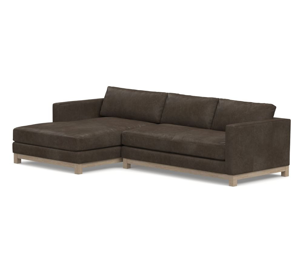 Jake Leather Sofa with Double Wide Chaise Sectional with Wood Base | Pottery Barn (US)