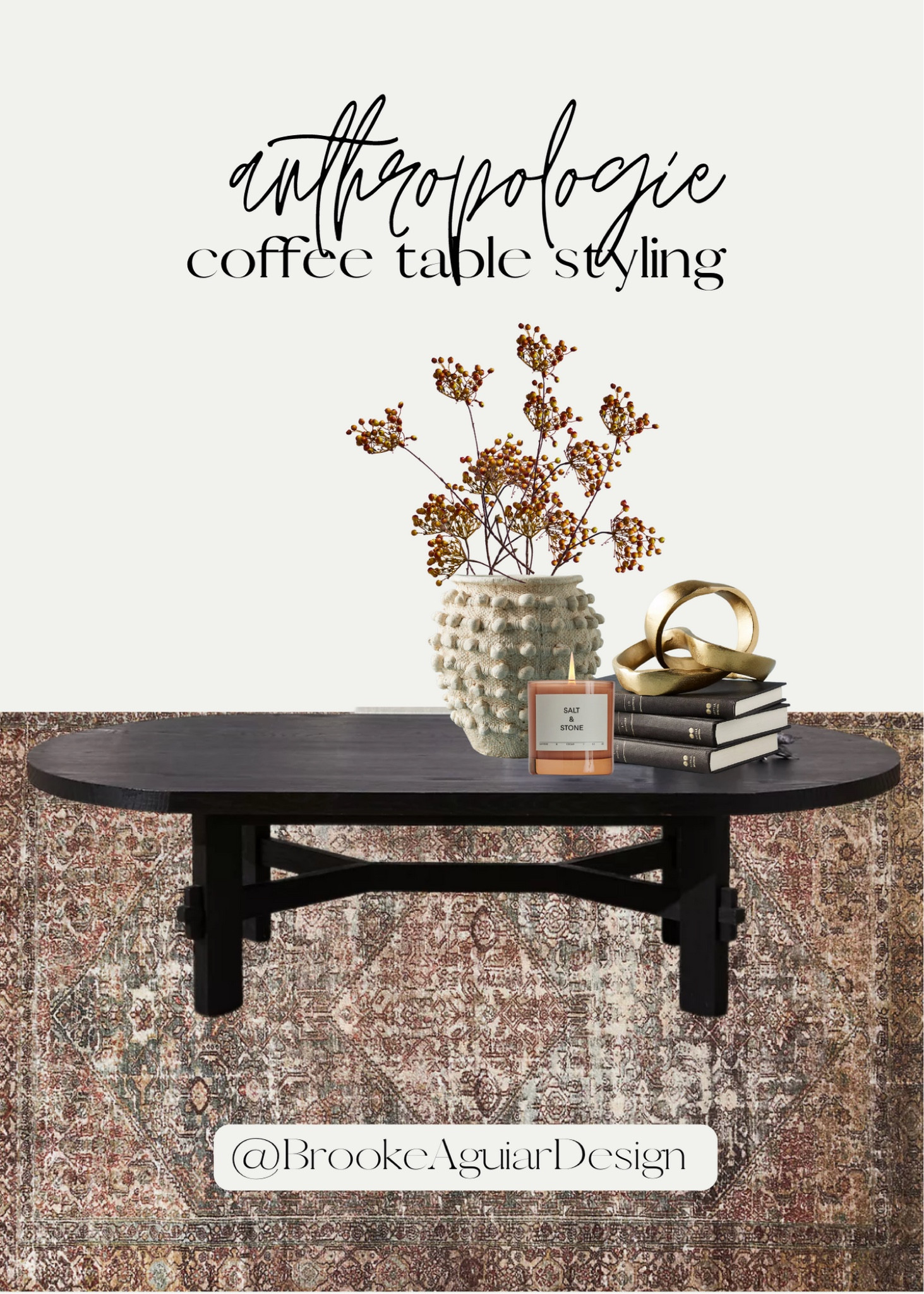 Anthropologie coffee table styling! 

Black coffee table, vintage rug, candle, coffee table books, faux greenery
#LTKSale 

#LTKsalealert #LTKhome