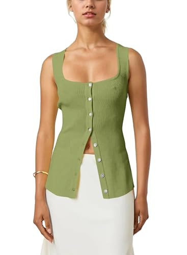 AIHUKOCY Women Square Neck Button Down Knit Tank Top Button-Up U Neck Sleeveless Backless Solid Slim Sexy Sweater Vest Tops Green | Amazon (US)