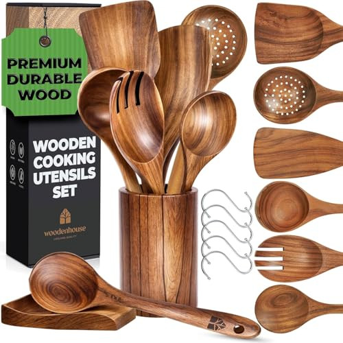 Wooden Utensil Set 8 Pcs – Sturdy & Easy to Clean, Natural Teak Wooden Spoons for Cooking – Non-Scratch Cooking Utensils with Spatula, Turner, Ladle, Spoons, Skimmer, Holder, Spoon Rest & 6 Hooks | Amazon (US)