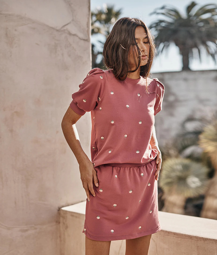 The Softest French Terry Puff Short Sleeve - Faded Rose Floral Stitch | SummerSalt