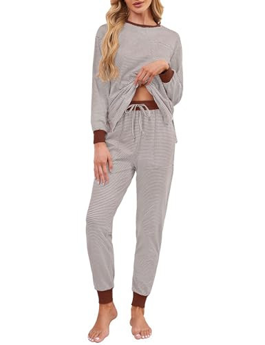 Becotal Soft Cotton Pajamas for Women Set Striped Long Sleeve Lounge Sets 2 Piece Pajama Tops and Jogger Pants with Pockets Pyjamas Set Brown S | Amazon (US)