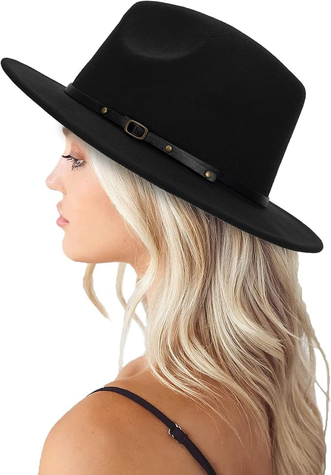 Classic Felt-Fedora Hat with Belt Buckle Women Wide Brim Wool Panama-Hat Adjustable（Size：S-M... | Amazon (US)