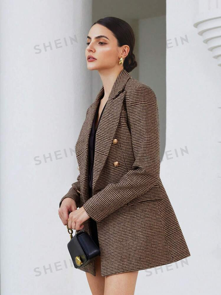 SHEIN Modichic Business Style Lapel Long Sleeve Plaid Double-Breasted Blazer Jacket | SHEIN USA | SHEIN