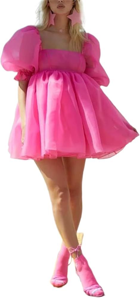 Women's Tulle Princess Dress Square Neck Puffer Sleeve High Waist Solid Color Mini Dress | Amazon (US)