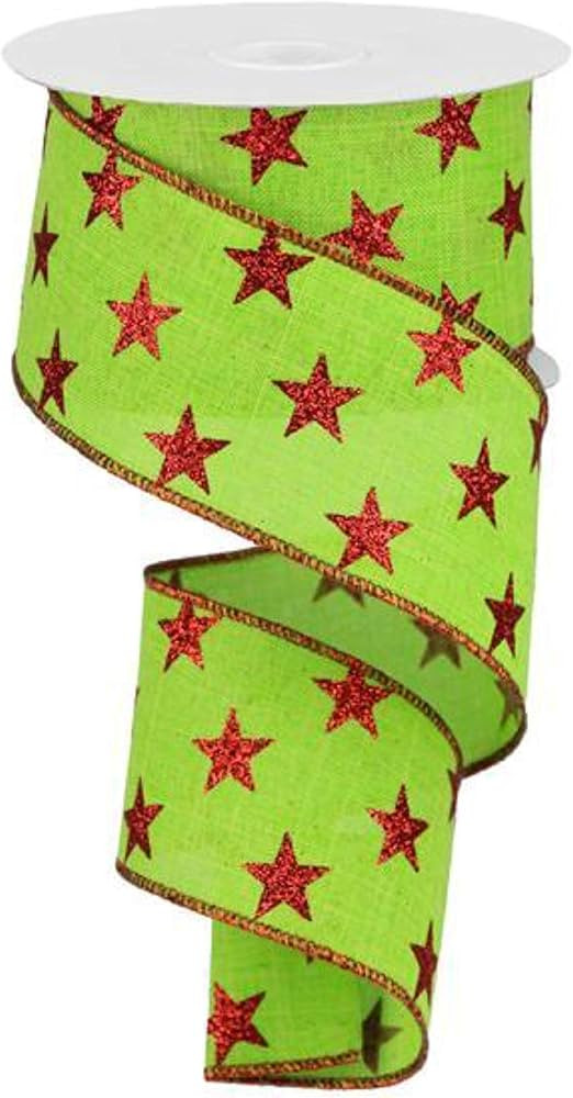 Stars Wired Edge Ribbon - 10 Yards (Lime Green, Red, 2.5") | Amazon (US)