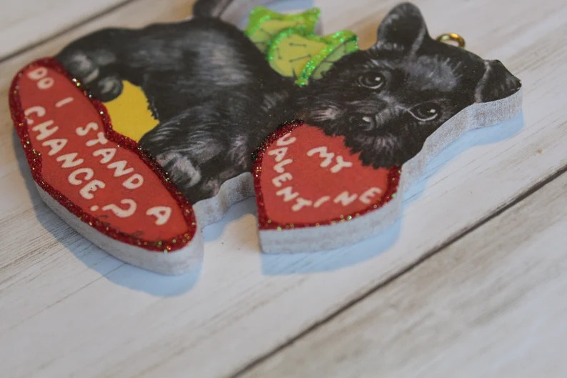 Scottie Dog Holding a Heart Valentine Ornament Vintage Card Image Glitter and Wood Holiday Tree D... | Etsy (US)