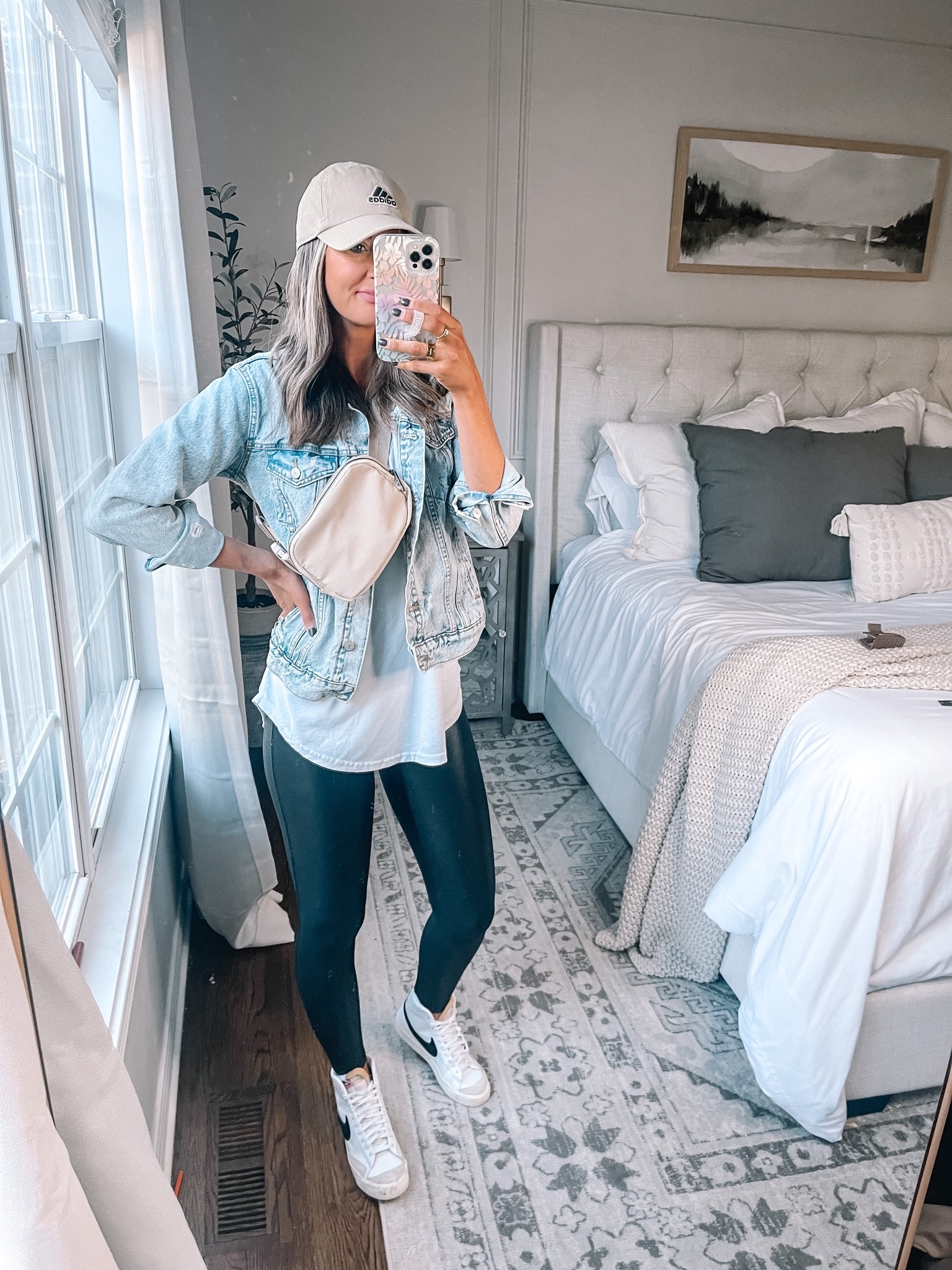 Casual fall every day outfit idea 

Tank sized up to large
Denim jacket linked similar I size up a half
Leggings tts
Sneakers size down a half
Bag is color khaki 
Lipstick shade “more buff"

#LTKSeasonal #LTKstyletip #LTKsalealert