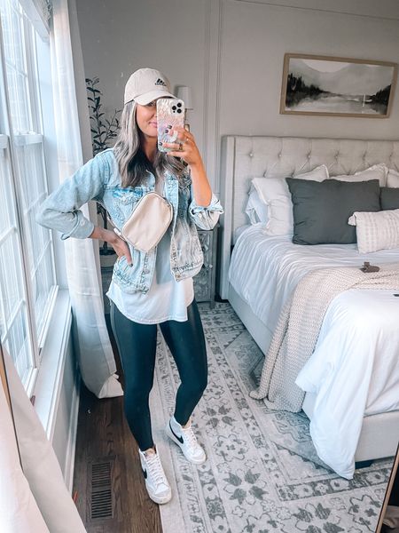 Casual fall every day outfit idea 

Tank sized up to large
Denim jacket linked similar I size up a half
Leggings tts
Sneakers size down a half
Bag is color khaki 
Lipstick shade “more buff"

#LTKSeasonal #LTKstyletip #LTKsalealert