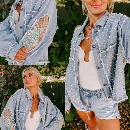 Pearl embellished lace denim jacket, perfect for layering this fall!

 This new denim jacket is a trendy update to your favorite layering piece! - Non-stretch denim material - A collared neckline - A button-up front - Unfinished accent seams - Faux pearl and rhinestone embellishment - Long sleeves with sequins tulle cutout details and button closure cuffs - A relaxed silhouette that ends in a frayed hemline.

#LTKSale #LTKSeasonal #LTKstyletip