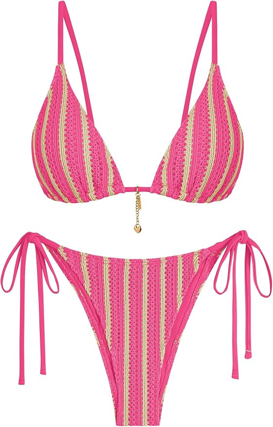 ZAFUL Crochet Bikini Sets for Women Cheeky Two Piece Bathing Suits Striped Brazilian High Cut Kni... | Amazon (US)