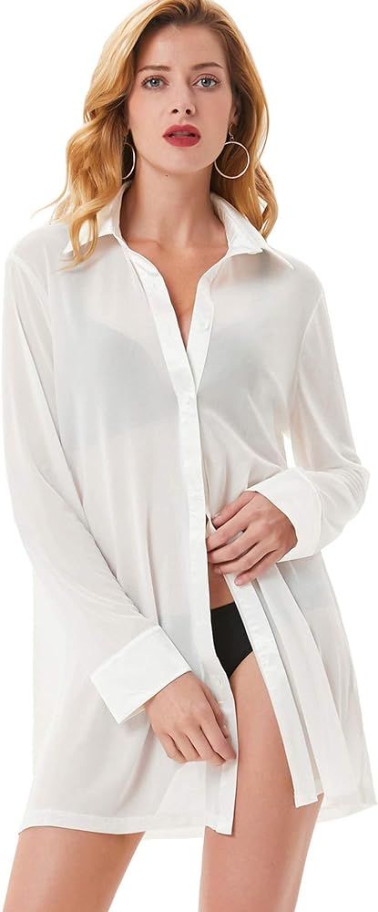 Kate Kasin Women’s Sexy Sleep Shirts Mesh Long Sleeve Swimwear Cover Up Sheer Blouse Lingerie S... | Amazon (US)