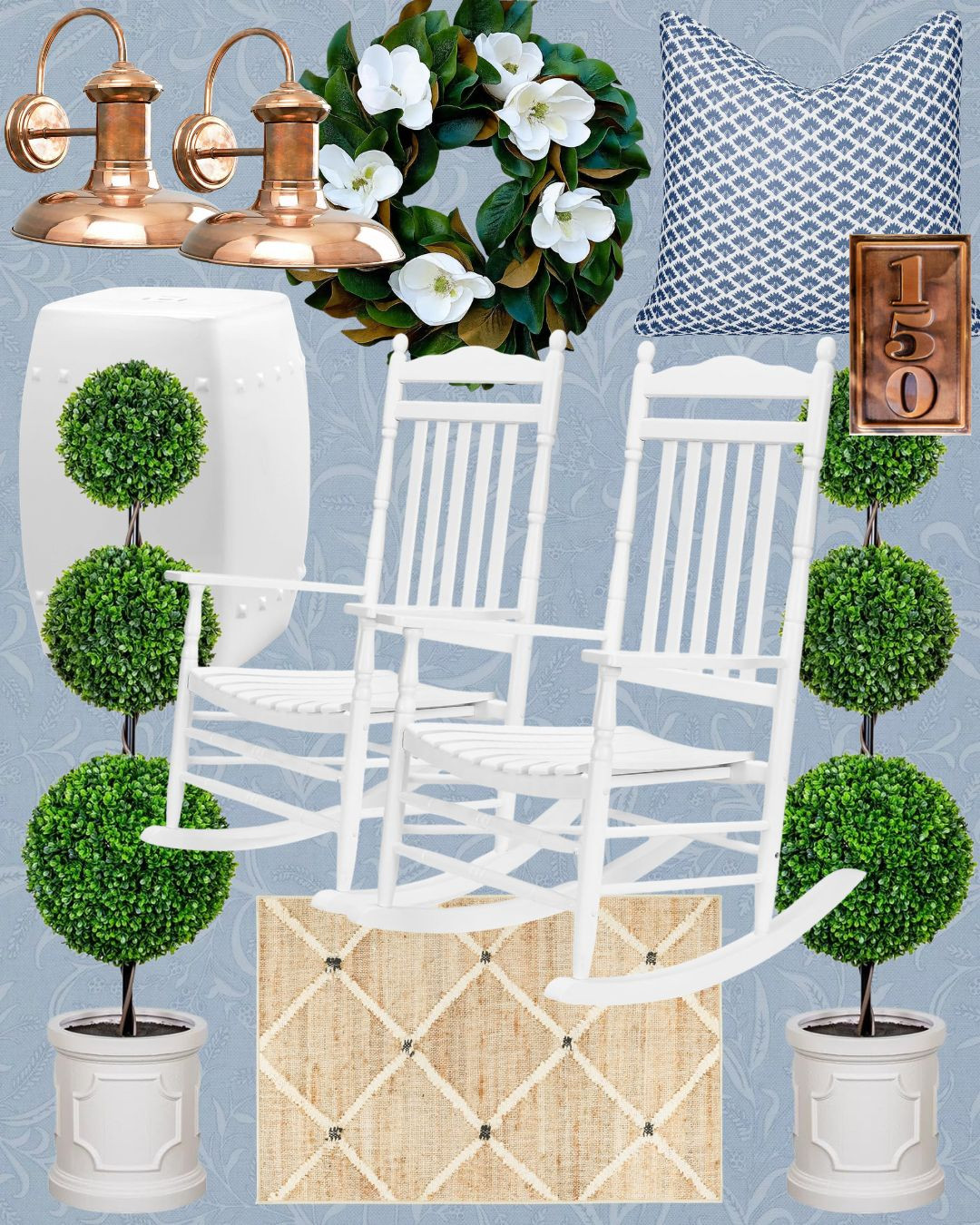 spring porch decor! rocking chairs, pillows, lanterns, wreath, signs, accent stool, topiary trees, garden stool, rug 

 #LTKSeasonal #LTKHome