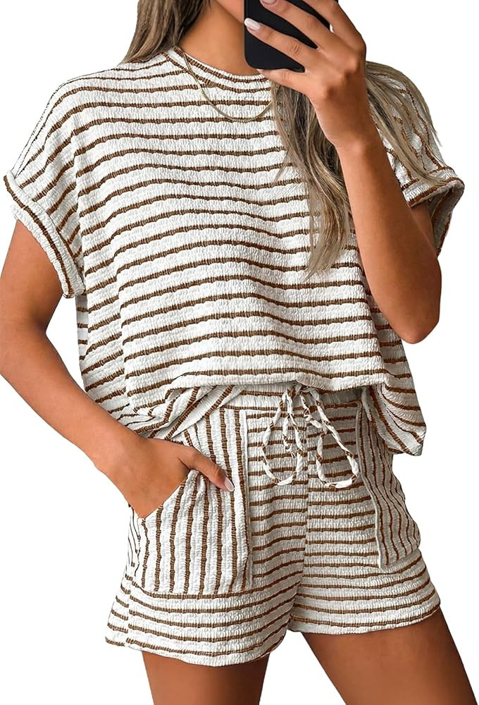 Amazon.com: Tankaneo Womens Striped Summer 2 Piece Short Sets Short Sleeve T Shirts Drawstring Sh... | Amazon (US)