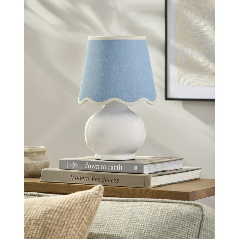 Livabliss Stella Diminuta Cottage Accent Table Lamp, 13-inch, White with Blue Scalloped Shade | Walmart (US)