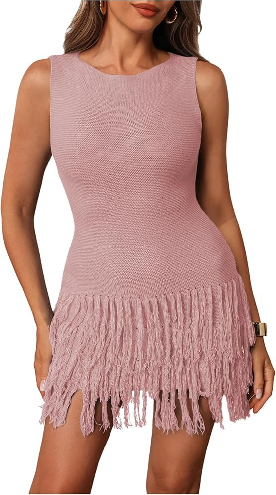 Women's Fringe Sleeveless Mini Dress Crew Neck Bodycon Knit Party Club Dresses | Amazon (US)