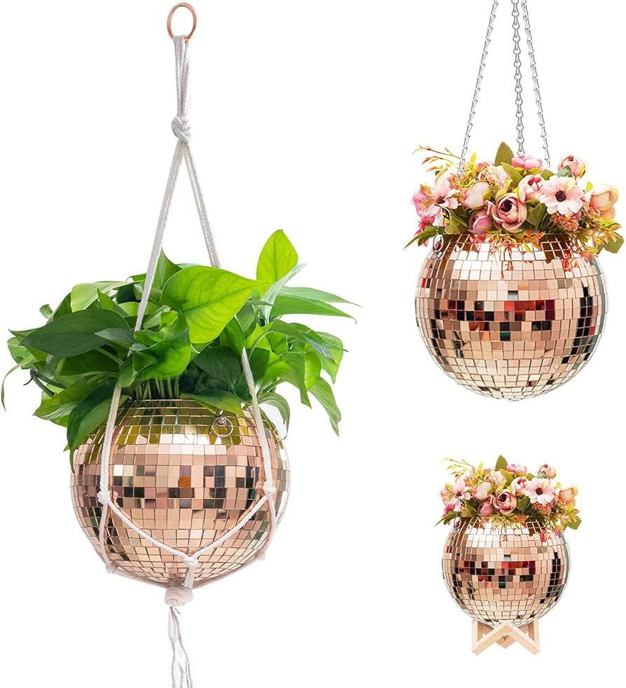 Disco Ball Planter 8" - Disco Planter with Macrame Rope Chain and Stand - with Drainage Hole and Plug - Mirror Ball Hanging Disco Ball Vase for Indoor Outdoor Plants(Rose Gold) | Amazon (US)