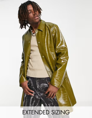 ASOS DESIGN faux leather trench coat in green faux croc | ASOS (Global)
