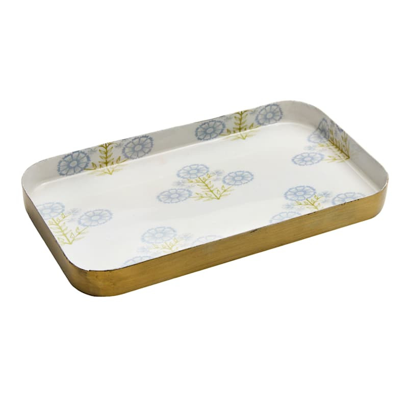 Blue Flower with Gold Print Metal Decorative Tray, 7x4 | At Home