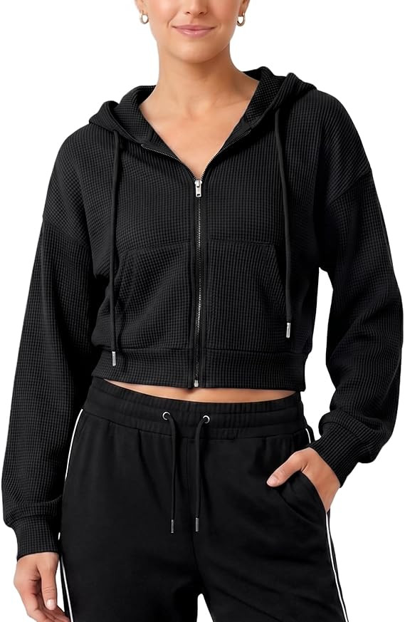 Yimoon Cropped Hoodie Women Zip Up Crop Hoodie Waffle Knit Sweatshirt Jackets | Amazon (US)