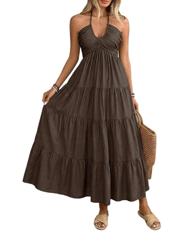 Women's Cute Cake Dress Boho Linen Halter Maxi, V Neck Tiered Ruffled Summer Beach | Amazon (US)