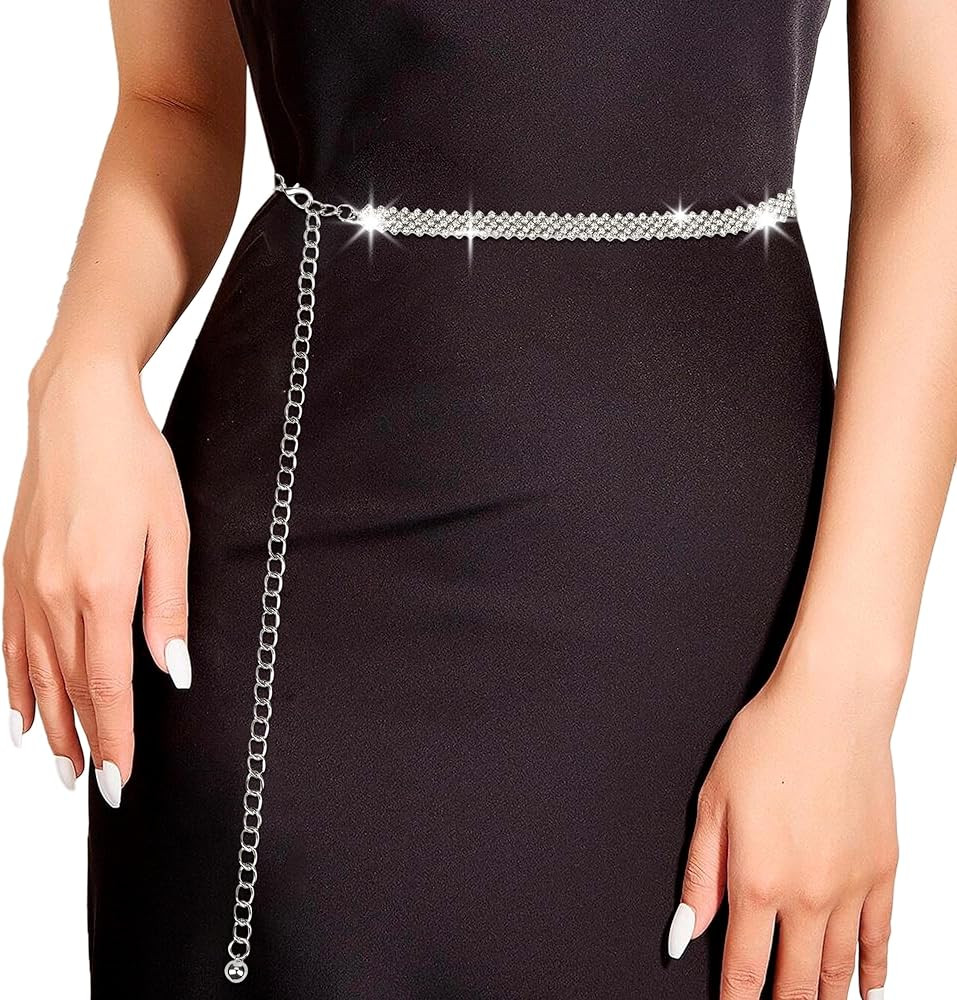 Women Rhinestone-Waist-Chain Belts Silver-Diamond Belts Cowgirl-Country-Waist-Belts for Dresses J... | Amazon (US)