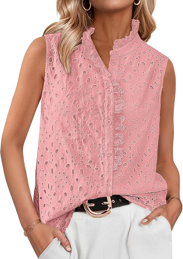 BTFBM Women's Sleeveless Button Down Shirts Ruffle V Neck Casual Hollow Out Eyelet Tops Boho Summ... | Amazon (US)