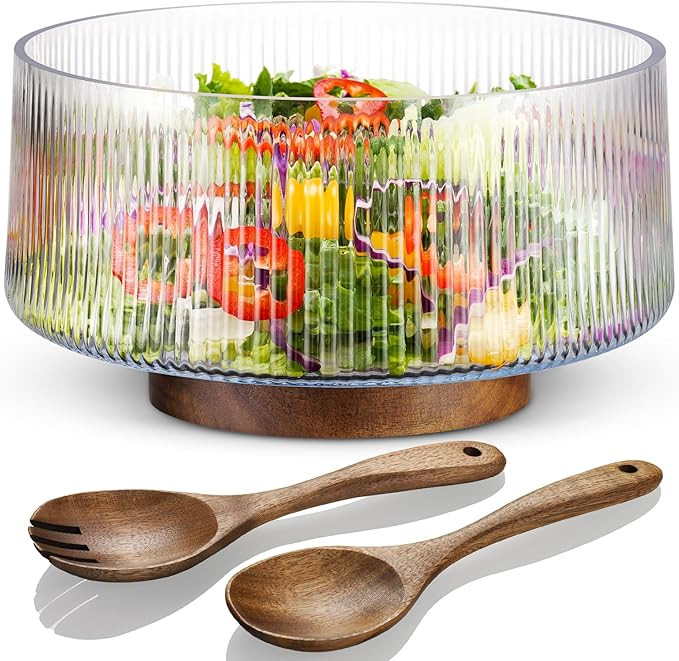 NiHome Extra Large Glass Salad Bowl with Natural Acacia Wood Base & Wooden Serving Utensils for F... | Amazon (US)