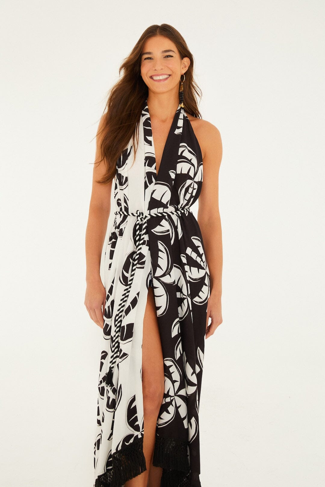 Black And White Graphic Palms Belted Maxi Dress | FARM Rio | FarmRio (US)