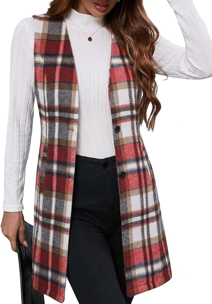 IDEALSANXUN Long Plaid Vest for Women Fall Winter Trench Coat Sleeveless Blazer Jacket Cardigan W... | Amazon (US)