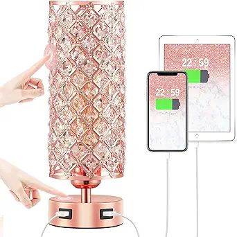 Crystal Table Lamp, Hong-in Rose Gold Lamp with USB Ports, 3 Way Dimmable Light with Crystal Lamp... | Amazon (US)