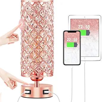 Crystal Table Lamp, Hong-in Rose Gold Lamp with USB Ports, 3 Way Dimmable Light with Crystal Lamp... | Amazon (US)