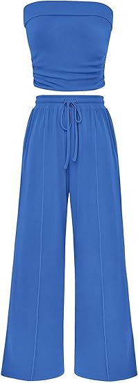 PRETTYGARDEN Womens Summer Outfits 2 Piece Sets Casual Ribbed Knit Crop Tube Top Wide Leg Pants S... | Amazon (US)