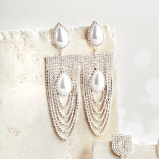 Ashro Draped Crystal Earrings, Silvertone, Faux Pearl | Ashro