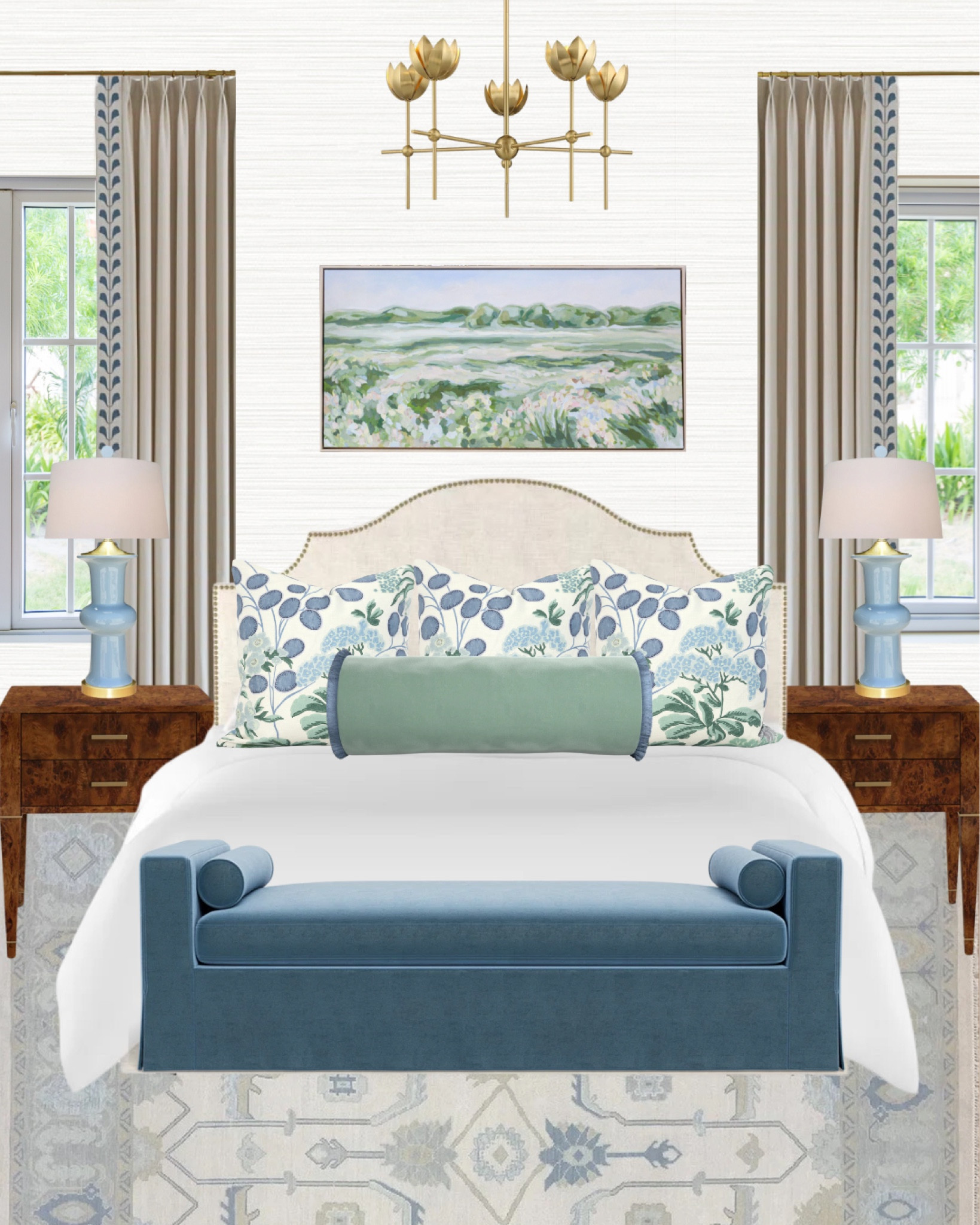 A cozy and classic blue and green bedroom 😍

Art above the bed is by Elizabeth Sage - “Under The Summer Sun”  

Upholstered bed, oushak rug, bedroom rug, blue upholstered bench, bed bench, end of bed bench, floral pillow, blue and green pillow, bolster pillow, bed pillows, bedroom pillows, pillow combo, burl wood nightstand, wood nightstand, classic nightstand, blue lamp, light blue lamp, bedroom lamp, drapery with trim, curtains with trim, affordable curtains, blue trim curtains, gold bedroom light, gold chandelier, gold pendant, classic bedroom, timeless bedroom, traditional bedroom, southern bedroom, grandmillennial bedroom, traditional southern bedroom, classic contemporary bedroom, modern bedroom, bedroom decor, bedroom furniture, bedroom inspo, bedroom inspiration, bedroom design, bedroom ideas

#LTKFindsUnder100 #LTKHome #LTKStyleTip