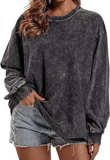 Oversized Crewneck Long Sleeve Sweatshirts for Women Vintage Acid Wash Shirts Casual Loose Fit Co... | Amazon (US)