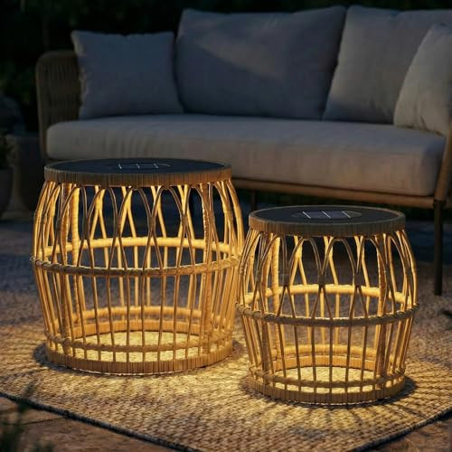 Pationate Solar Outdoor Side Table Set of 2, Boho Nesting Tables with Integrated Lighting, Round Rattan Coffee Tables for Patio, Balcony, Poolside & Porch | Amazon (US)